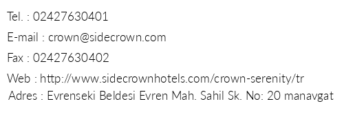 Side Crown Serenity telefon numaralar, faks, e-mail, posta adresi ve iletiim bilgileri